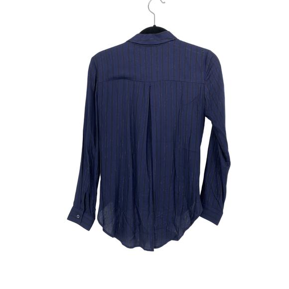 BCBGeneration Top Women's Sz XS Wrap Hem Blouse Dark Navy Combo Metallic Stripe - Picture 6 of 6